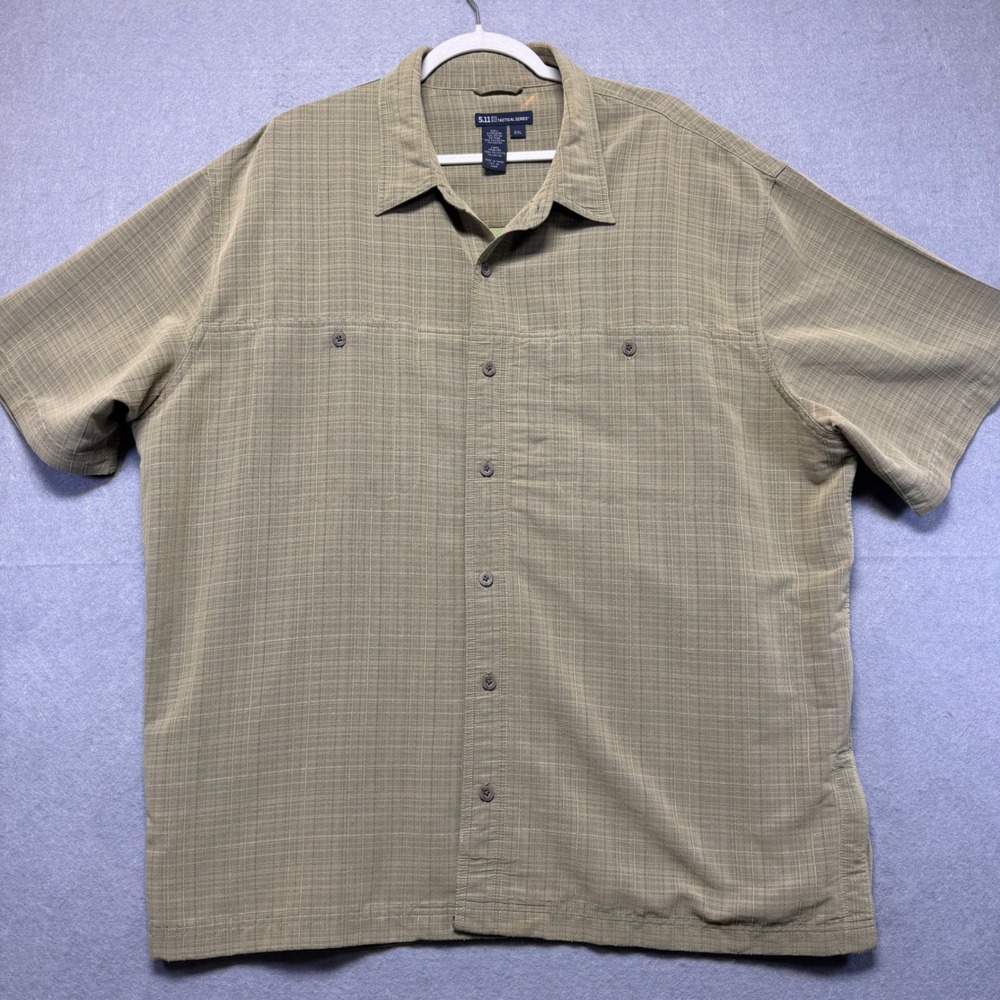 5.11 Tactical Series Mens 2XL Short Sleeve Rip Stop  Shirt Olive Green Grid